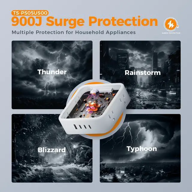 Alt view image 5 of 6 - Surge Protector Power Strip, TESSAN 5 FT Extension Cord with Multiple Outlets Flat Plug, 4 USB (3 USB C) and 8 AC Outlets, 900J Protection, Wall Mount Charging Station for Home Office Supplies