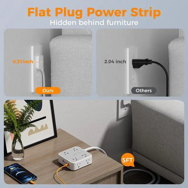 Alt view image 4 of 6 - Surge Protector Power Strip, TESSAN 5 FT Extension Cord with Multiple Outlets Flat Plug, 4 USB (3 USB C) and 8 AC Outlets, 900J Protection, Wall Mount Charging Station for Home Office Supplies