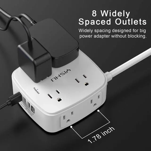 Alt view image 3 of 7 - 6 Ft Surge Protector Power Strip - 8 Widely Outlets with 4 USB Ports, 3 Side Outlet Extender with 6 Feet Extension Cord, Flat Plug, Wall Mount, Desk USB Charging Station, ETL,White