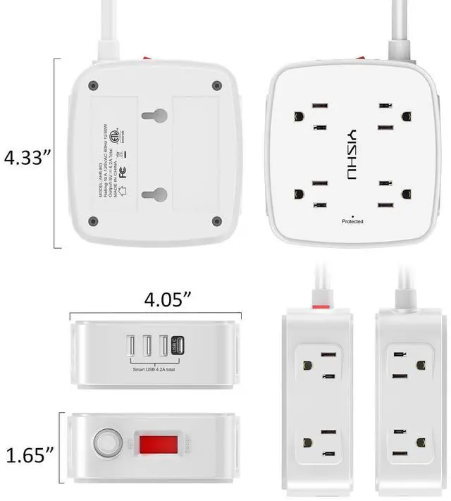 Alt view image 7 of 7 - 6 Ft Surge Protector Power Strip - 8 Widely Outlets with 4 USB Ports, 3 Side Outlet Extender with 6 Feet Extension Cord, Flat Plug, Wall Mount, Desk USB Charging Station, ETL,White