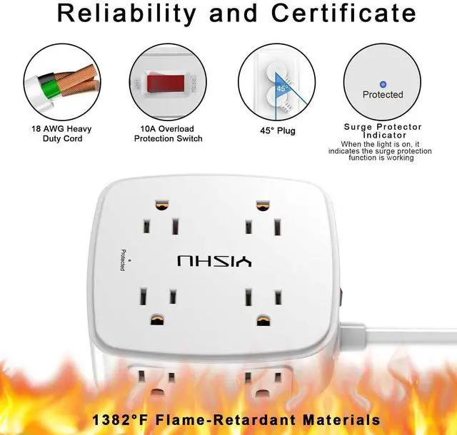 Alt view image 6 of 7 - 6 Ft Surge Protector Power Strip - 8 Widely Outlets with 4 USB Ports, 3 Side Outlet Extender with 6 Feet Extension Cord, Flat Plug, Wall Mount, Desk USB Charging Station, ETL,White