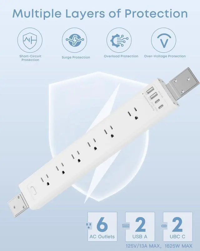 Alt view image 2 of 7 - VIPWELL 360° Mountable Surge Protector Power Strip with 4 USB Ports (2 USB-C), 6 Ft 45 Angle Electrical Outlet Flat Plug Extension Cord for Desk, Wall, Corner (White)