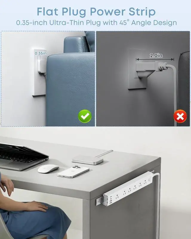 Alt view image 3 of 7 - VIPWELL 360° Mountable Surge Protector Power Strip with 4 USB Ports (2 USB-C), 6 Ft 45 Angle Electrical Outlet Flat Plug Extension Cord for Desk, Wall, Corner (White)