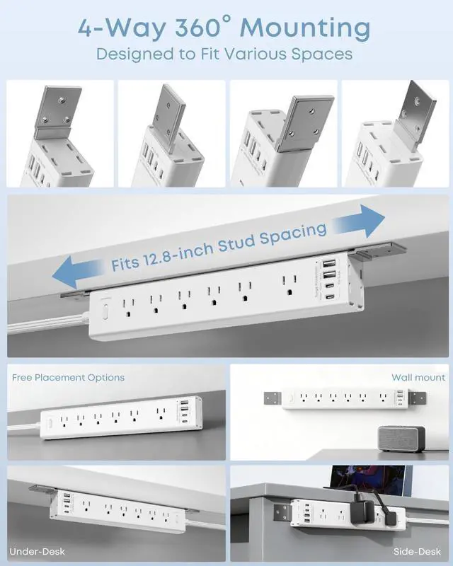 Alt view image 5 of 7 - VIPWELL 360° Mountable Surge Protector Power Strip with 4 USB Ports (2 USB-C), 6 Ft 45 Angle Electrical Outlet Flat Plug Extension Cord for Desk, Wall, Corner (White)