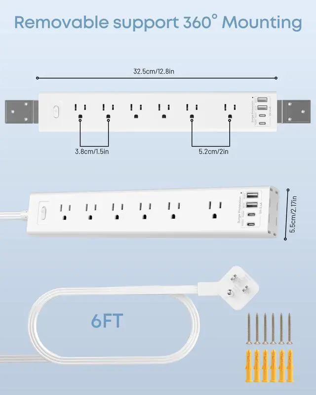 Alt view image 6 of 7 - VIPWELL 360° Mountable Surge Protector Power Strip with 4 USB Ports (2 USB-C), 6 Ft 45 Angle Electrical Outlet Flat Plug Extension Cord for Desk, Wall, Corner (White)