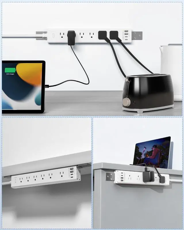 Alt view image 4 of 7 - VIPWELL 360° Mountable Surge Protector Power Strip with 4 USB Ports (2 USB-C), 6 Ft 45 Angle Electrical Outlet Flat Plug Extension Cord for Desk, Wall, Corner (White)