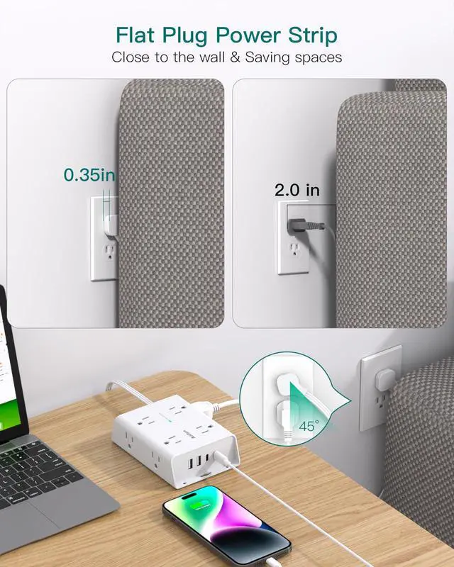 Alt view image 3 of 7 - 10FT Flat Plug Extension Cord with Multiple Outlets, Surge Protector Power Strip 10 ft Cord, 8 Outlets 4 USB Ports (2 USB C), Multi Outlet Wall Plug for Home Office College Dorm Room Essentials