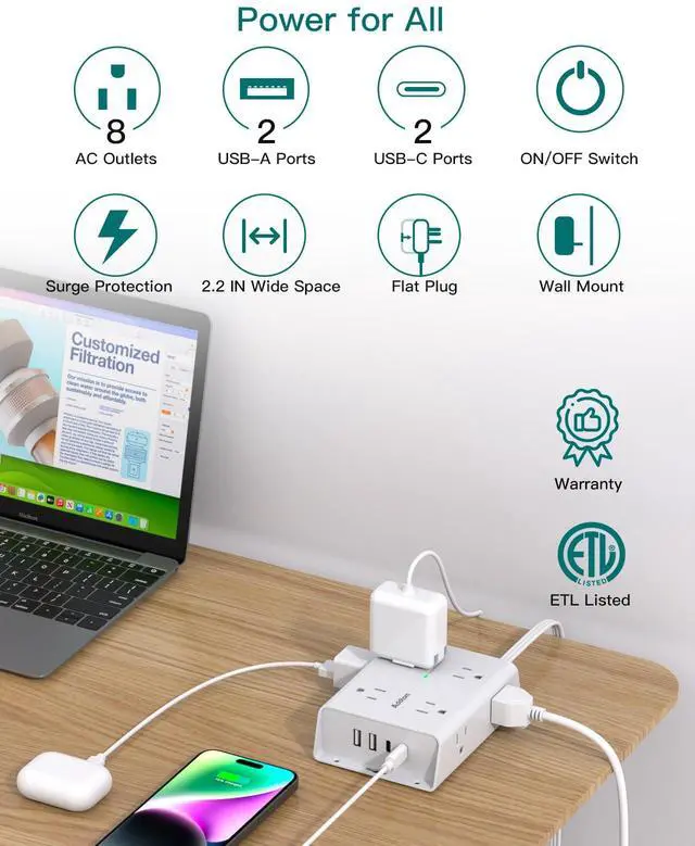 Alt view image 4 of 7 - 10FT Flat Plug Extension Cord with Multiple Outlets, Surge Protector Power Strip 10 ft Cord, 8 Outlets 4 USB Ports (2 USB C), Multi Outlet Wall Plug for Home Office College Dorm Room Essentials