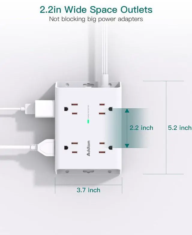 Alt view image 5 of 7 - 10FT Flat Plug Extension Cord with Multiple Outlets, Surge Protector Power Strip 10 ft Cord, 8 Outlets 4 USB Ports (2 USB C), Multi Outlet Wall Plug for Home Office College Dorm Room Essentials