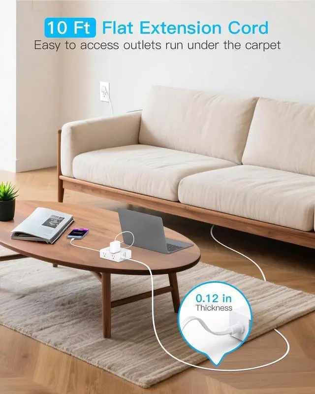 Alt view image 2 of 7 - 10Ft Extension Cord with Multiple Outlets, Flat Plug Surge Protector Power Strip 10 Ft Long Cord, 8 Outlets & 4 USB Ports (2 USB C), 900J Desk Charging Station for Home Office, College Dorm Essentials