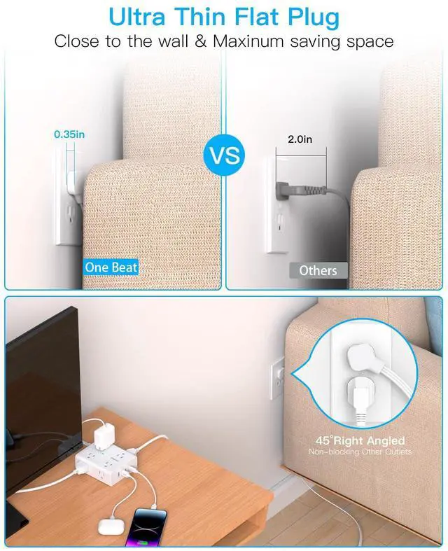 Alt view image 3 of 7 - 10Ft Extension Cord with Multiple Outlets, Flat Plug Surge Protector Power Strip 10 Ft Long Cord, 8 Outlets & 4 USB Ports (2 USB C), 900J Desk Charging Station for Home Office, College Dorm Essentials