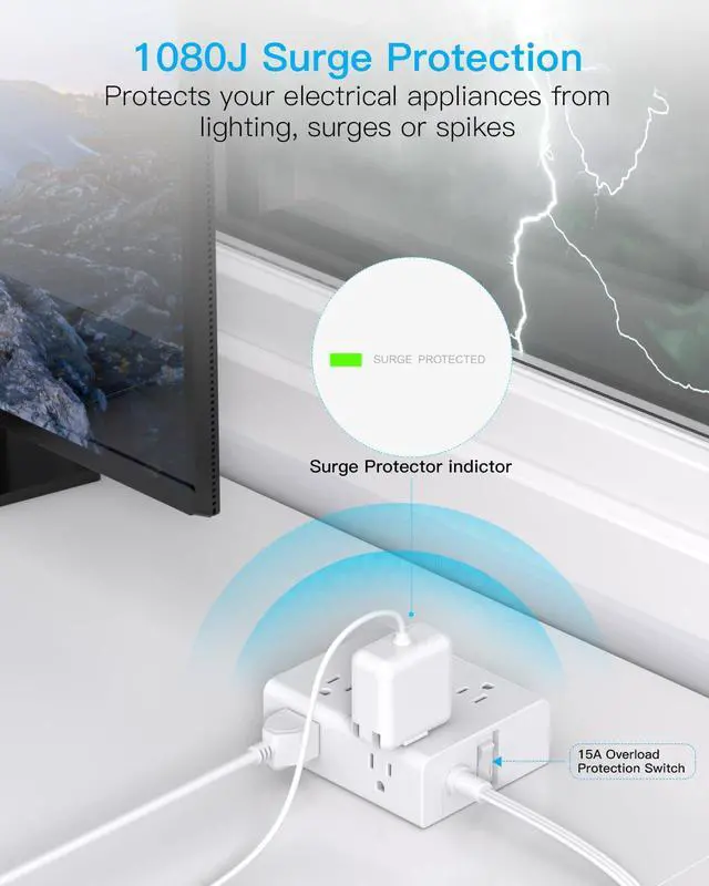 Alt view image 6 of 7 - 10Ft Extension Cord with Multiple Outlets, Flat Plug Surge Protector Power Strip 10 Ft Long Cord, 8 Outlets & 4 USB Ports (2 USB C), 900J Desk Charging Station for Home Office, College Dorm Essentials