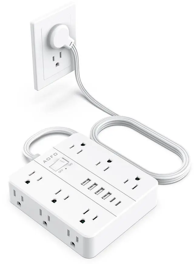 Main image of AOFO Flat Power Strip, Flat Wall Plug Extension Cord with Multiple Outlets, Surge Protector, 12 AC Outlets, 6 USB (2 USB-C) Ports, 5FT Cord, for Home Office, Dorm Room Essentials