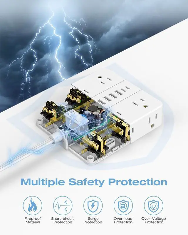 Alt view image 2 of 7 - AOFO Flat Power Strip, Flat Wall Plug Extension Cord with Multiple Outlets, Surge Protector, 12 AC Outlets, 6 USB (2 USB-C) Ports, 5FT Cord, for Home Office, Dorm Room Essentials