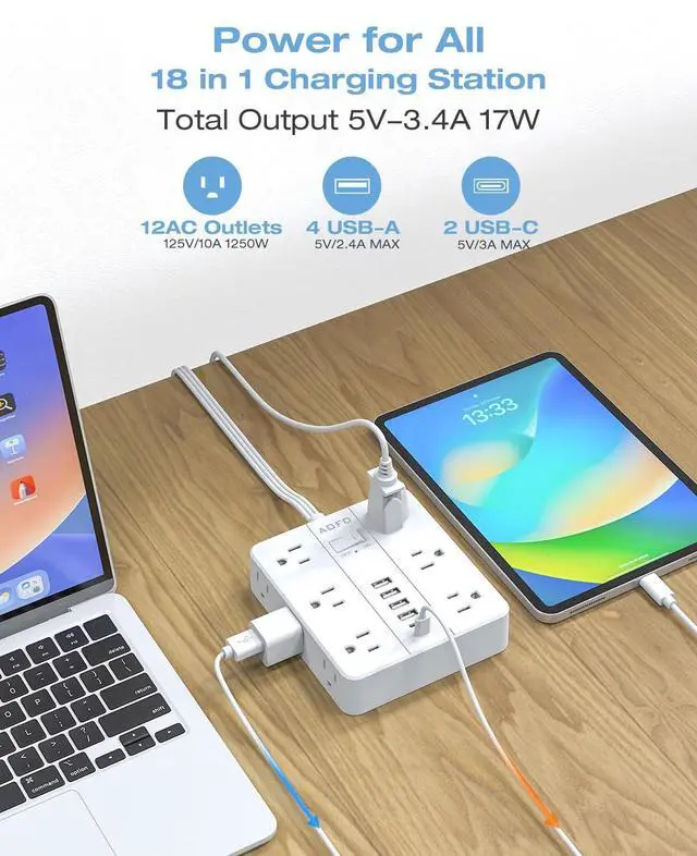 Alt view image 5 of 7 - AOFO Flat Power Strip, Flat Wall Plug Extension Cord with Multiple Outlets, Surge Protector, 12 AC Outlets, 6 USB (2 USB-C) Ports, 5FT Cord, for Home Office, Dorm Room Essentials