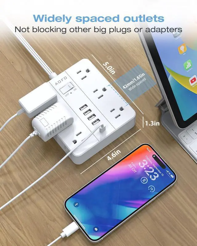 Alt view image 3 of 7 - AOFO Flat Power Strip, Flat Wall Plug Extension Cord with Multiple Outlets, Surge Protector, 12 AC Outlets, 6 USB (2 USB-C) Ports, 5FT Cord, for Home Office, Dorm Room Essentials