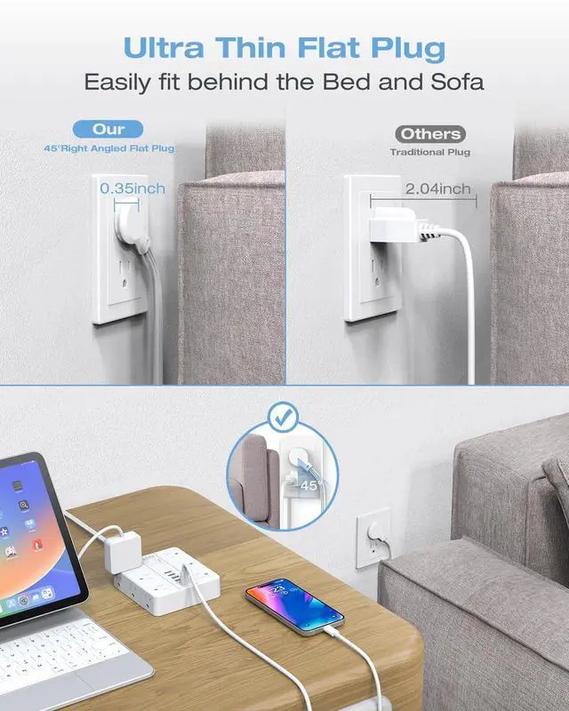 Alt view image 6 of 7 - AOFO Flat Power Strip, Flat Wall Plug Extension Cord with Multiple Outlets, Surge Protector, 12 AC Outlets, 6 USB (2 USB-C) Ports, 5FT Cord, for Home Office, Dorm Room Essentials