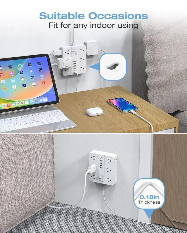 Alt view image 4 of 7 - AOFO Flat Power Strip, Flat Wall Plug Extension Cord with Multiple Outlets, Surge Protector, 12 AC Outlets, 6 USB (2 USB-C) Ports, 5FT Cord, for Home Office, Dorm Room Essentials