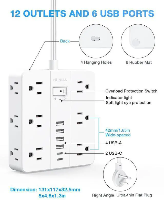 Alt view image 7 of 7 - Power Strip with USB Ports, HUNIAN 5Ft Flat Plug Extension Cord Surge Protector, 12 Widely Outlet Extender with 6 USB Charger (2 USB C Ports), Desk Charging Station for Home, Office Supplies