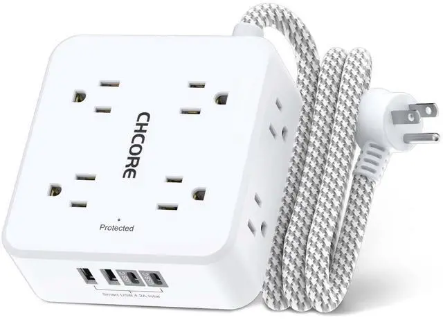 Main image of Surge Protector Power Strip - CHCORE 5Ft Braided Extension Cord with 8 Outlets with 4 USB (2 USB C) Charging Ports, Flat Plug Multi Plug Outlet Extender Charging Station for Home Office, ETL, White
