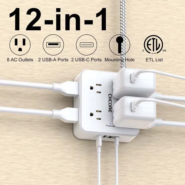 Alt view image 2 of 7 - Surge Protector Power Strip - CHCORE 5Ft Braided Extension Cord with 8 Outlets with 4 USB (2 USB C) Charging Ports, Flat Plug Multi Plug Outlet Extender Charging Station for Home Office, ETL, White