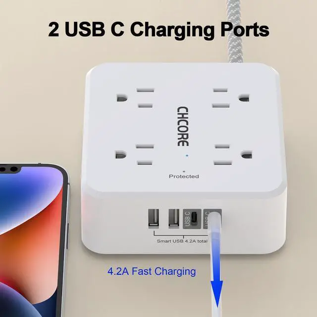 Alt view image 3 of 7 - Surge Protector Power Strip - CHCORE 5Ft Braided Extension Cord with 8 Outlets with 4 USB (2 USB C) Charging Ports, Flat Plug Multi Plug Outlet Extender Charging Station for Home Office, ETL, White