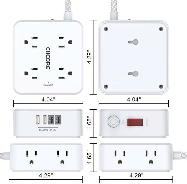 Alt view image 7 of 7 - Surge Protector Power Strip - CHCORE 5Ft Braided Extension Cord with 8 Outlets with 4 USB (2 USB C) Charging Ports, Flat Plug Multi Plug Outlet Extender Charging Station for Home Office, ETL, White