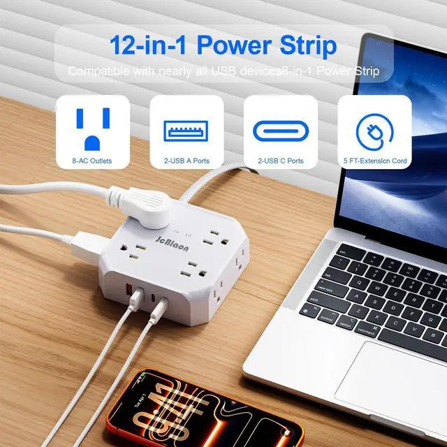 Alt view image 2 of 7 - Surge Protector Power Strip, 8 Outlets with 4 USB Ports(2 USB C), 4-Sided 1050J Outlet Extender with 5FT Flat Extension Cord for Travel, Home, School, College Dorm Room Essentials