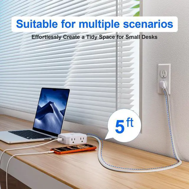 Alt view image 6 of 7 - Surge Protector Power Strip, 8 Outlets with 4 USB Ports(2 USB C), 4-Sided 1050J Outlet Extender with 5FT Flat Extension Cord for Travel, Home, School, College Dorm Room Essentials