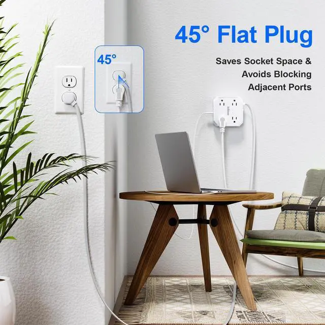 Alt view image 7 of 7 - Surge Protector Power Strip, 8 Outlets with 4 USB Ports(2 USB C), 4-Sided 1050J Outlet Extender with 5FT Flat Extension Cord for Travel, Home, School, College Dorm Room Essentials