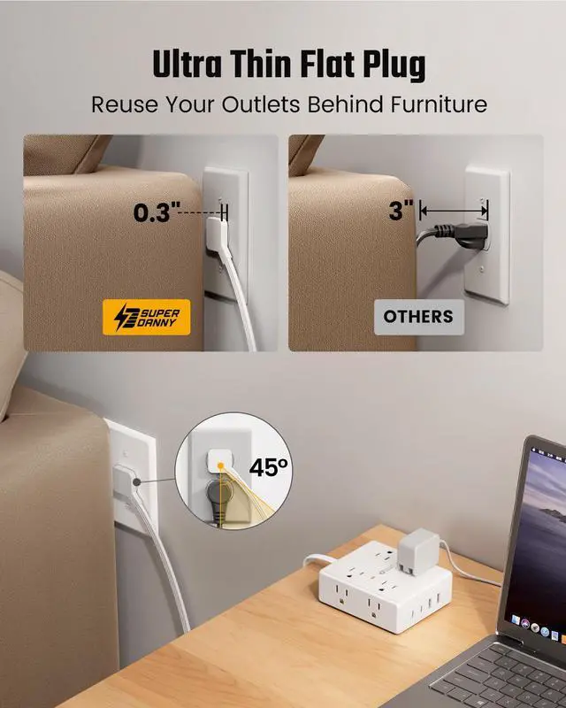 Alt view image 4 of 7 - 10Ft Extension Cord with Multiple Outlets, Flat Plug Surge Protector Power Strip 10 Ft Long Cord, 8 Outlets & 4 USB Ports (2 USB C), Desk Charging Station for Home Office, College Dorm Room Essentials