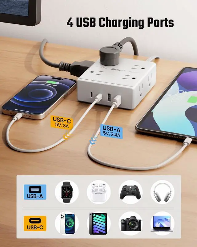 Alt view image 5 of 7 - 10Ft Extension Cord with Multiple Outlets, Flat Plug Surge Protector Power Strip 10 Ft Long Cord, 8 Outlets & 4 USB Ports (2 USB C), Desk Charging Station for Home Office, College Dorm Room Essentials