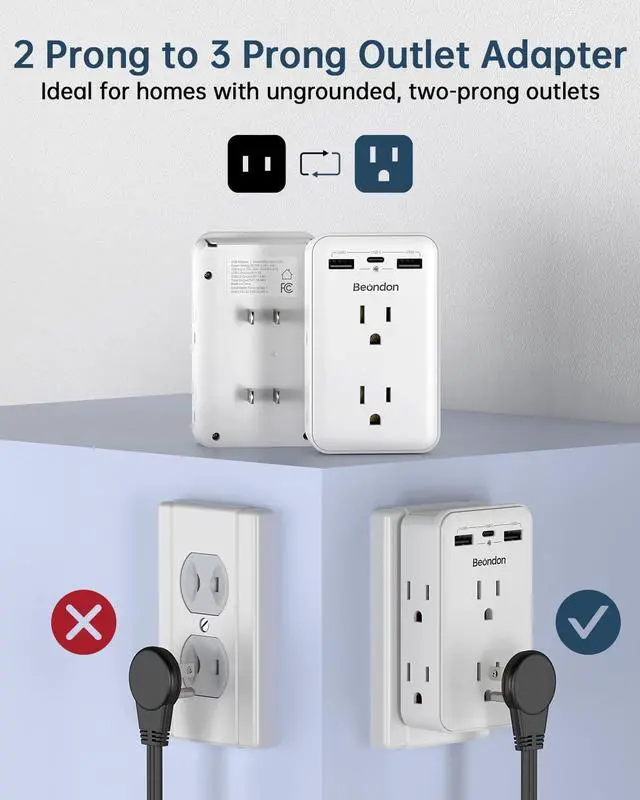 Alt view image 2 of 4 - Wall Outlet Extender with Shelf, BEONDON 2 to 3 Prong Outlet Adapter with 6 AC Outlets and 3 USB Ports(1 USB-C), 3-Sided Power Strip for Non-Grounded Outlets in Old Houses, Dorms, Office