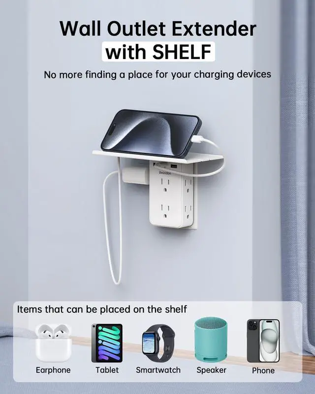 Alt view image 3 of 4 - Wall Outlet Extender with Shelf, BEONDON 2 to 3 Prong Outlet Adapter with 6 AC Outlets and 3 USB Ports(1 USB-C), 3-Sided Power Strip for Non-Grounded Outlets in Old Houses, Dorms, Office