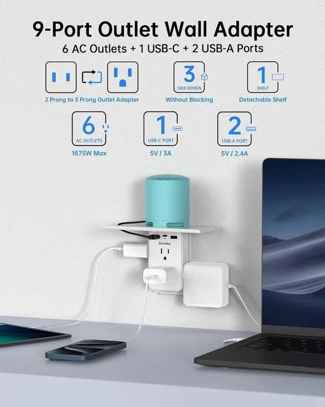 Alt view image 4 of 4 - Wall Outlet Extender with Shelf, BEONDON 2 to 3 Prong Outlet Adapter with 6 AC Outlets and 3 USB Ports(1 USB-C), 3-Sided Power Strip for Non-Grounded Outlets in Old Houses, Dorms, Office