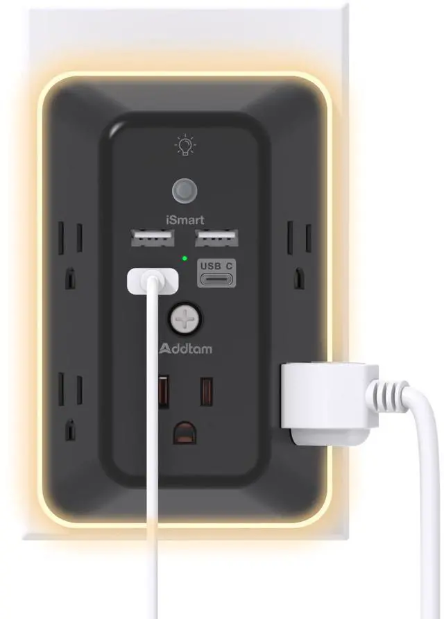 Main image of Surge Protector, Outlet Extender with Night Light, Addtam 5-Outlet Splitter and 4 USB Ports(1 USB C), Multi Plug Wall Outlet for Home Office Dorm Room Essentials Black