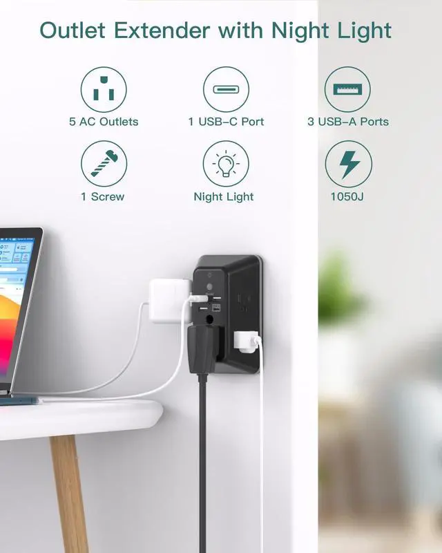 Alt view image 2 of 7 - Surge Protector, Outlet Extender with Night Light, Addtam 5-Outlet Splitter and 4 USB Ports(1 USB C), Multi Plug Wall Outlet for Home Office Dorm Room Essentials Black