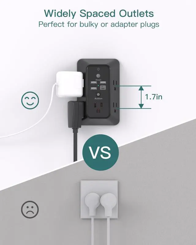 Alt view image 5 of 7 - Surge Protector, Outlet Extender with Night Light, Addtam 5-Outlet Splitter and 4 USB Ports(1 USB C), Multi Plug Wall Outlet for Home Office Dorm Room Essentials Black