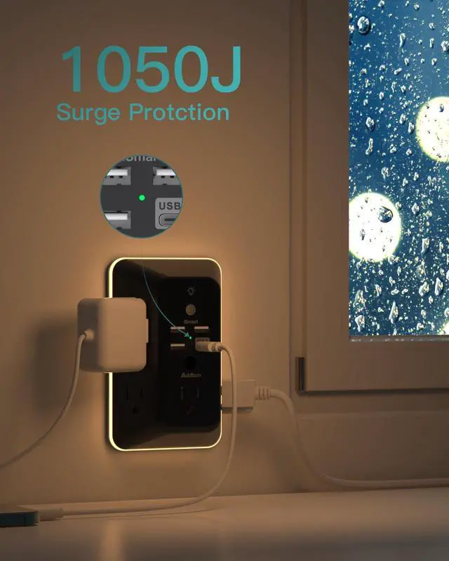 Alt view image 7 of 7 - Surge Protector, Outlet Extender with Night Light, Addtam 5-Outlet Splitter and 4 USB Ports(1 USB C), Multi Plug Wall Outlet for Home Office Dorm Room Essentials Black