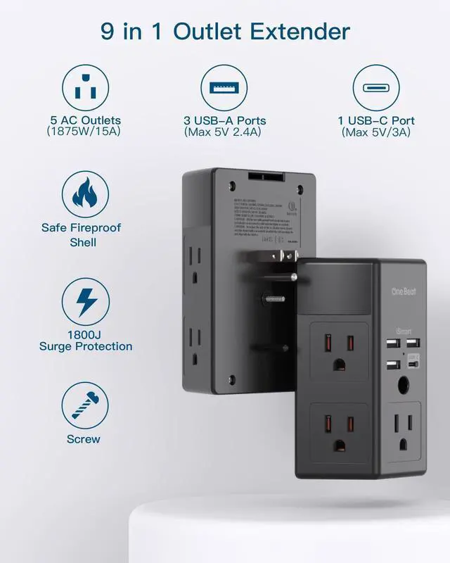 Alt view image 2 of 7 - Surge Protector, 5 Outlets Extender with 4 USB Ports(USB C), 3-Side 1680J Power Strip Multi Plug Outlet Expander, USB Wall Charger, Outlet Splitter Adapter Wall Mount for Home Office ETL ListedBlack