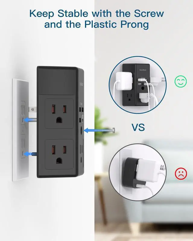 Alt view image 5 of 7 - Surge Protector, 5 Outlets Extender with 4 USB Ports(USB C), 3-Side 1680J Power Strip Multi Plug Outlet Expander, USB Wall Charger, Outlet Splitter Adapter Wall Mount for Home Office ETL ListedBlack