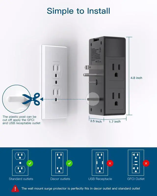 Alt view image 6 of 7 - Surge Protector, 5 Outlets Extender with 4 USB Ports(USB C), 3-Side 1680J Power Strip Multi Plug Outlet Expander, USB Wall Charger, Outlet Splitter Adapter Wall Mount for Home Office ETL ListedBlack