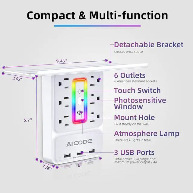 Alt view image 2 of 7 - Socket Outlet Shelf,Wall Outlet Surge Protector,6 Electrical Outlet Splitter with 3 USB Outlet,Multi Plug Outlet,Charging Shelf,Outlet Expander with 6 Nightlight for Home