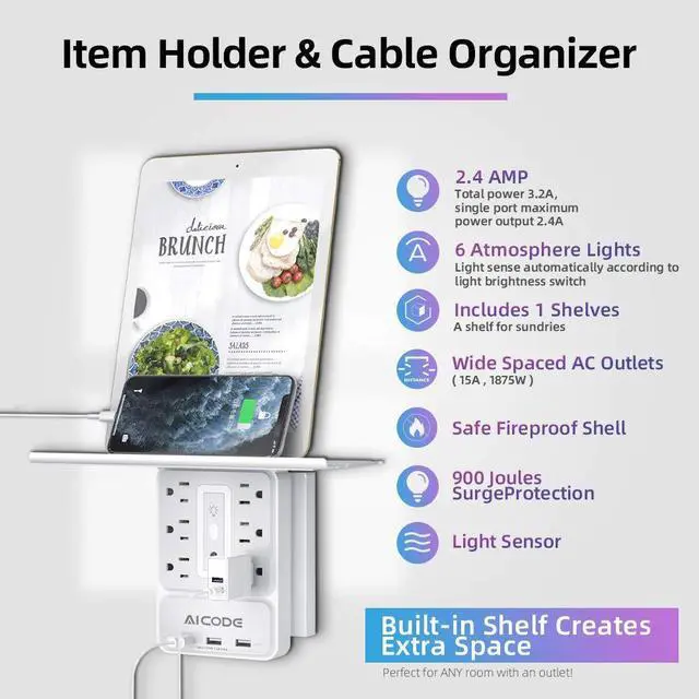Alt view image 3 of 7 - Socket Outlet Shelf,Wall Outlet Surge Protector,6 Electrical Outlet Splitter with 3 USB Outlet,Multi Plug Outlet,Charging Shelf,Outlet Expander with 6 Nightlight for Home