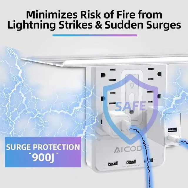Alt view image 6 of 7 - Socket Outlet Shelf,Wall Outlet Surge Protector,6 Electrical Outlet Splitter with 3 USB Outlet,Multi Plug Outlet,Charging Shelf,Outlet Expander with 6 Nightlight for Home