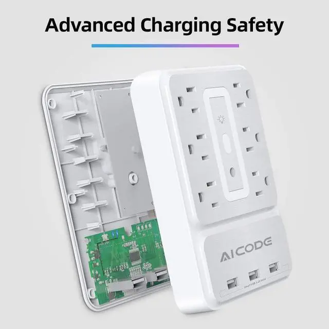 Alt view image 7 of 7 - Socket Outlet Shelf,Wall Outlet Surge Protector,6 Electrical Outlet Splitter with 3 USB Outlet,Multi Plug Outlet,Charging Shelf,Outlet Expander with 6 Nightlight for Home