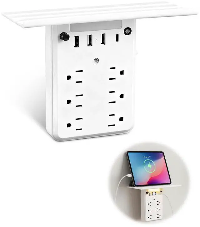 Main image of Saker Multi-Plug Outlet with Night Light,Wall Outlet Extender Surge Protector with 6 AC Outlets, 4 USB Ports(1 USB C), Overtop Power Charger with Outlet Shelf for Homes and Dormitories