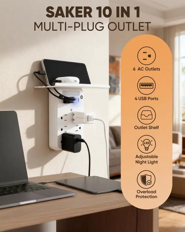 Alt view image 2 of 7 - Saker Multi-Plug Outlet with Night Light,Wall Outlet Extender Surge Protector with 6 AC Outlets, 4 USB Ports(1 USB C), Overtop Power Charger with Outlet Shelf for Homes and Dormitories