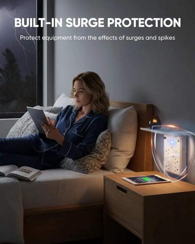 Alt view image 3 of 7 - Saker Multi-Plug Outlet with Night Light,Wall Outlet Extender Surge Protector with 6 AC Outlets, 4 USB Ports(1 USB C), Overtop Power Charger with Outlet Shelf for Homes and Dormitories