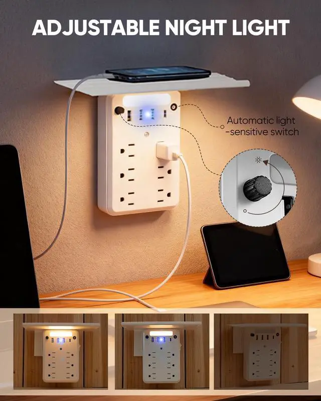 Alt view image 4 of 7 - Saker Multi-Plug Outlet with Night Light,Wall Outlet Extender Surge Protector with 6 AC Outlets, 4 USB Ports(1 USB C), Overtop Power Charger with Outlet Shelf for Homes and Dormitories